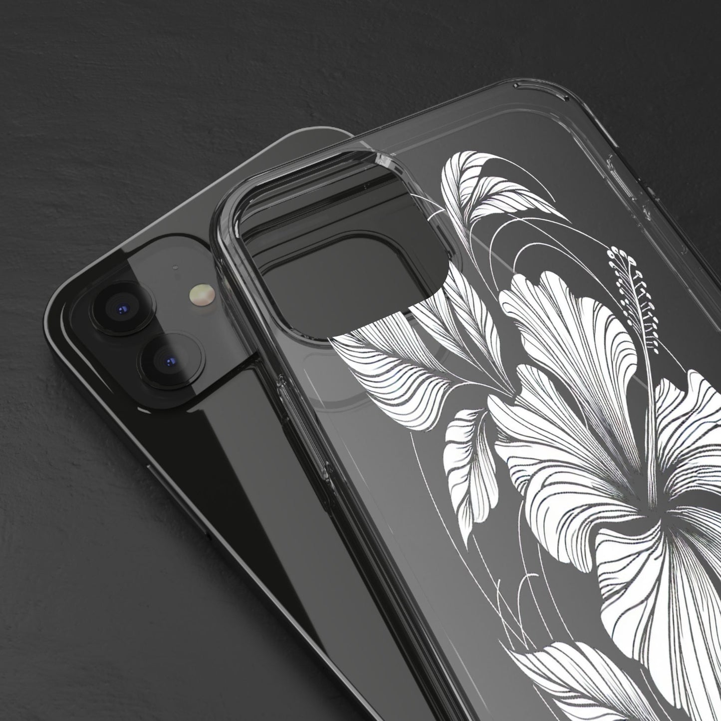 Transparent Hibiscus Design in Black and White Iphone Case Compatible With Iphone 16 15 14 - Clear Phone Cover