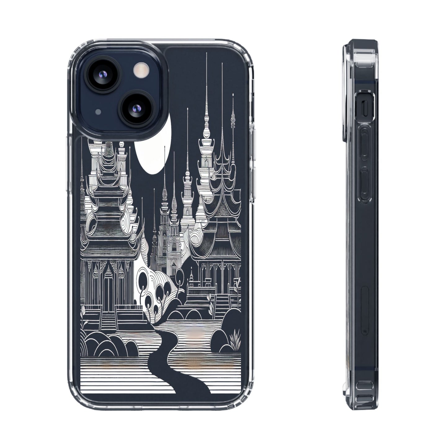 Transparent Temple Silhouette Under Bright Moon Iphone Case Compatible With Iphone 16 15 14 - Clear Phone Cover