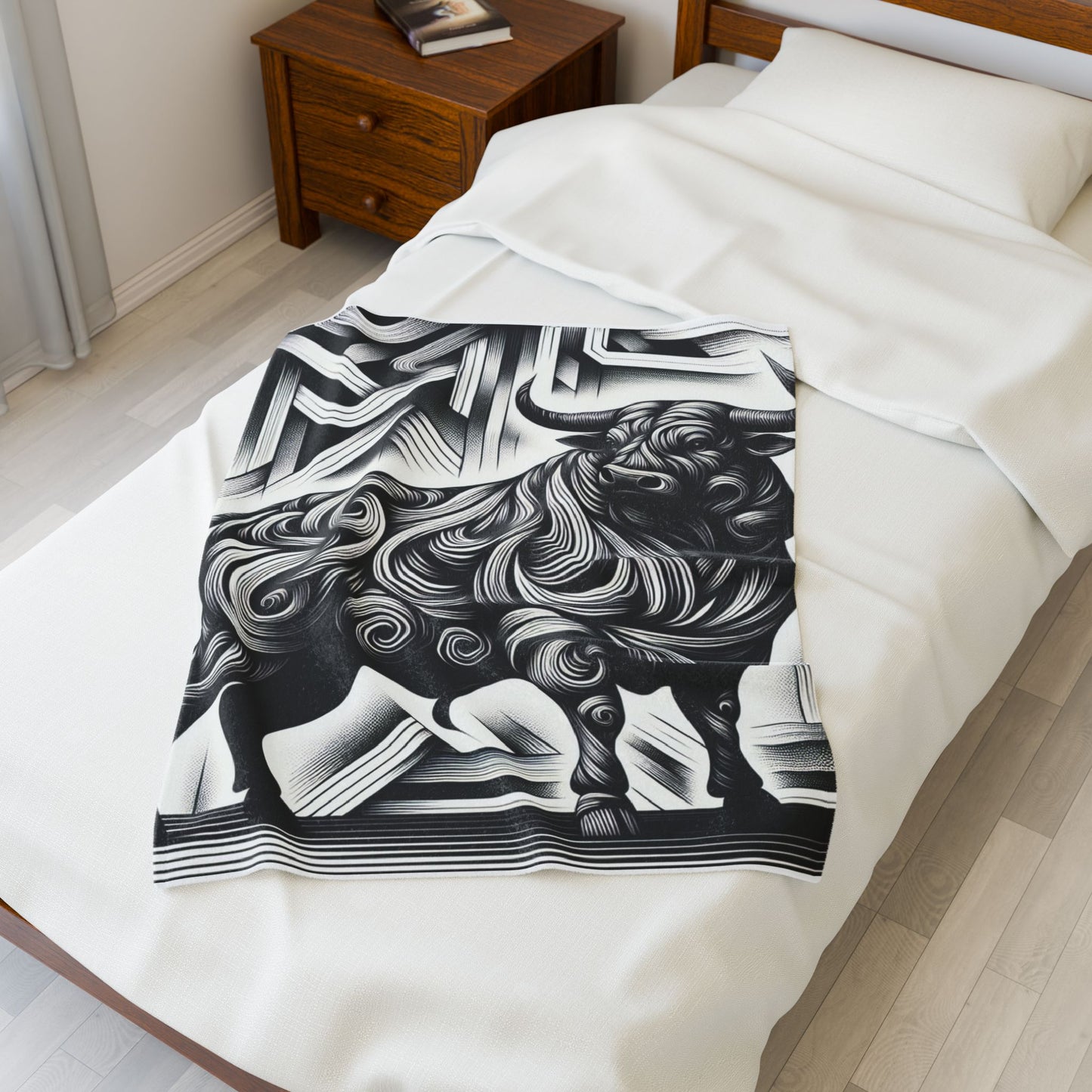 Majestic Bull in Monochrome Splendor - Plush Blanket