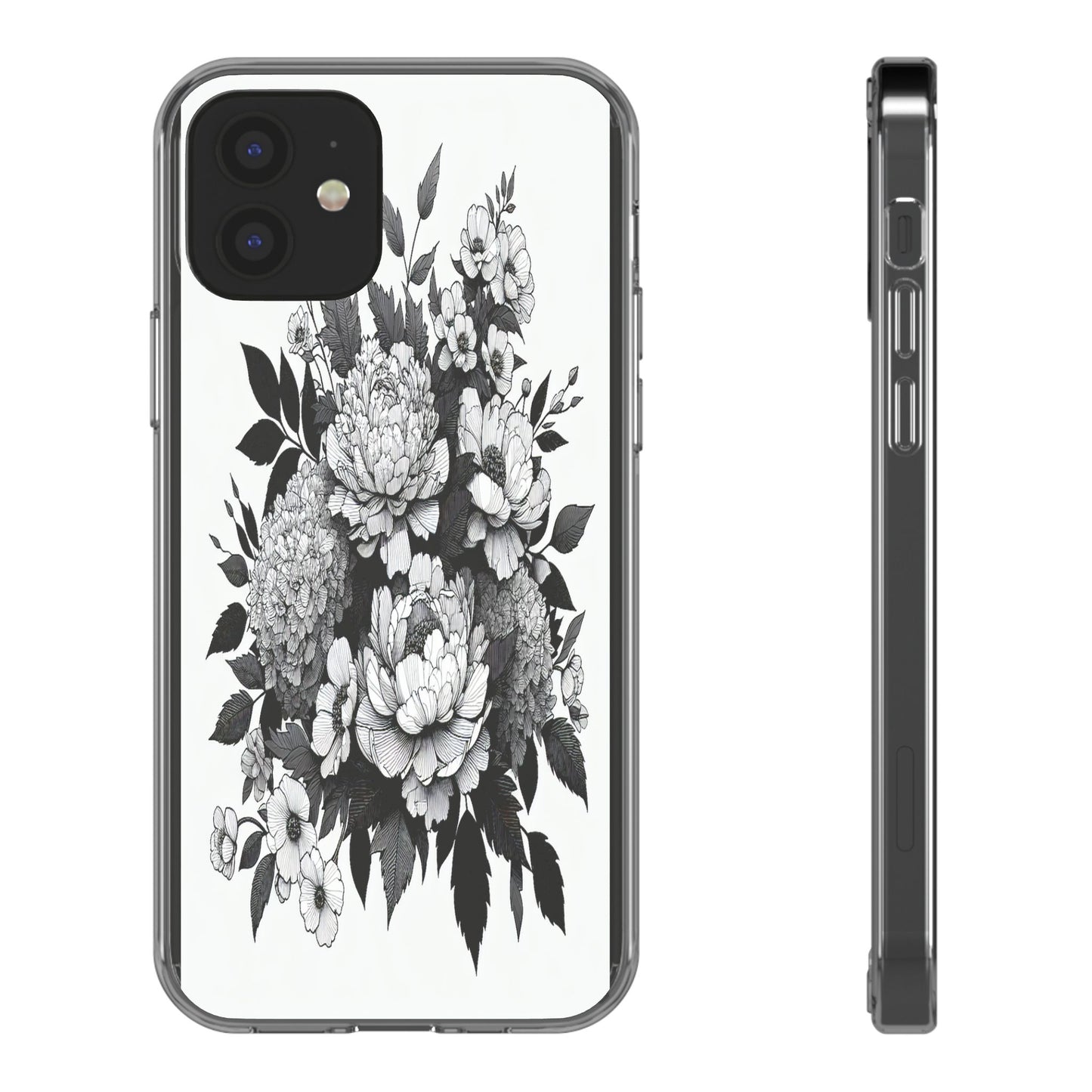 Transparent Floral Arrangement in Black and White Iphone Case Compatible With Iphone 16 15 14 - Clear Phone Cover