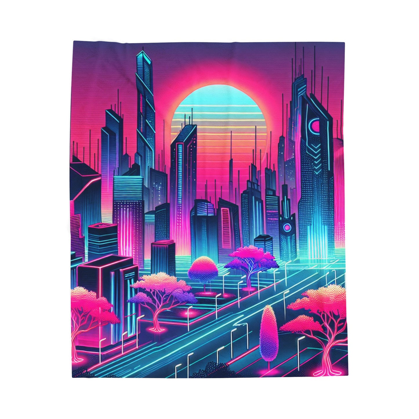 Futuristic Neon Metropolis - Plush Blanket