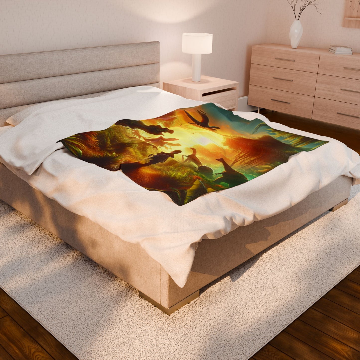 Prehistoric Encounter at Dawn - Plush Blanket