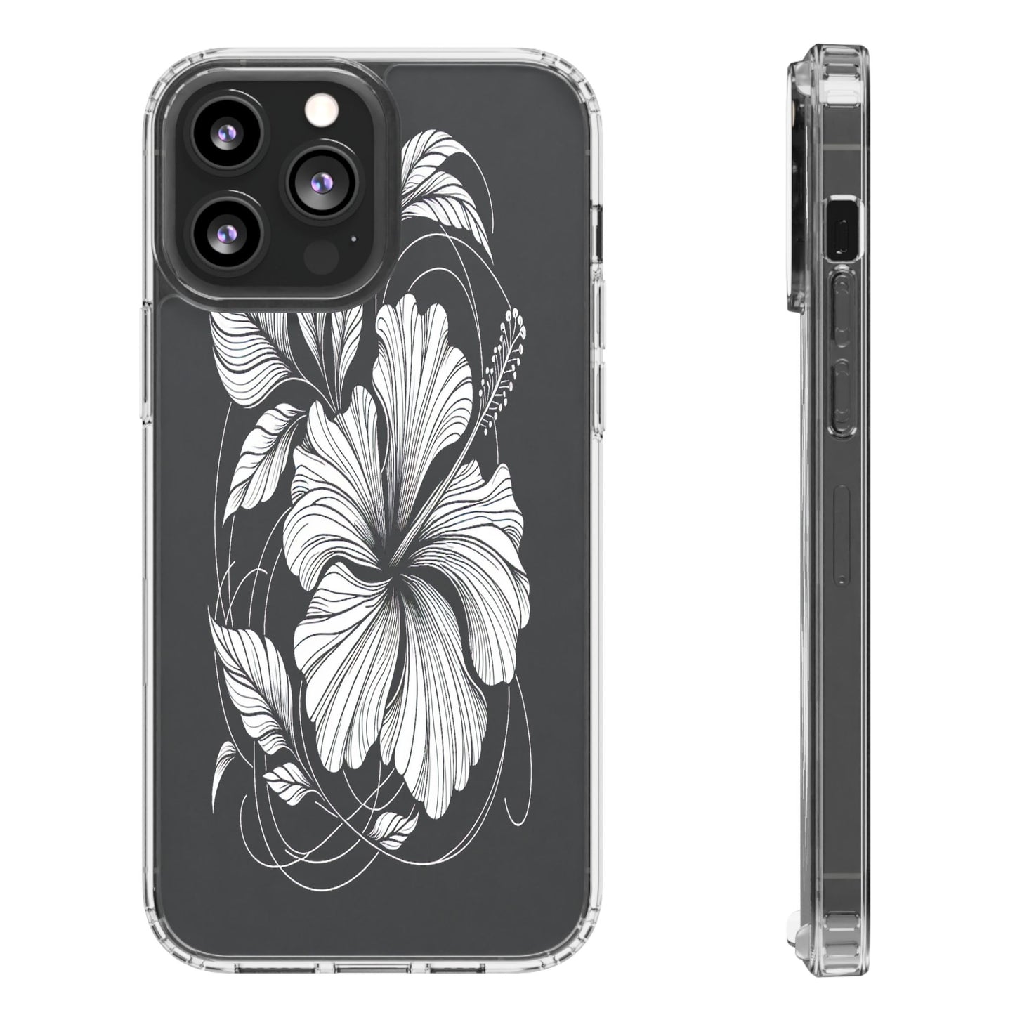 Transparent Hibiscus Design in Black and White Iphone Case Compatible With Iphone 16 15 14 - Clear Phone Cover