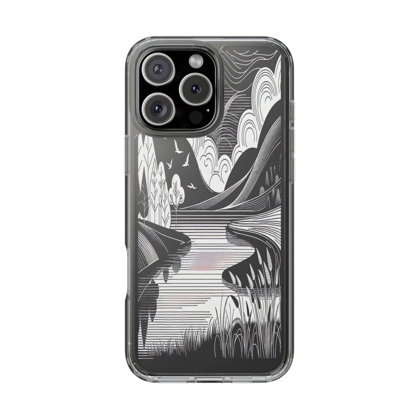 Transparent Black and White Landscape Illustration Iphone Case Compatible With Iphone 16 15 14 - Clear Phone Cover