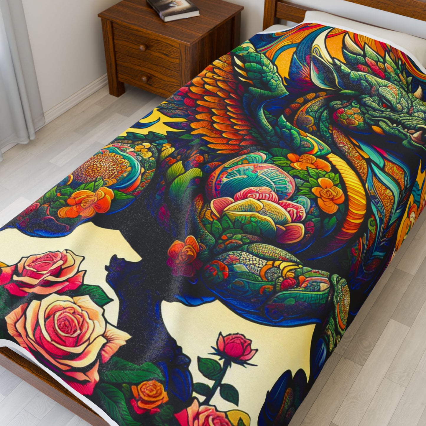 Winged Guardian in Blooming Splendor - Plush Blanket