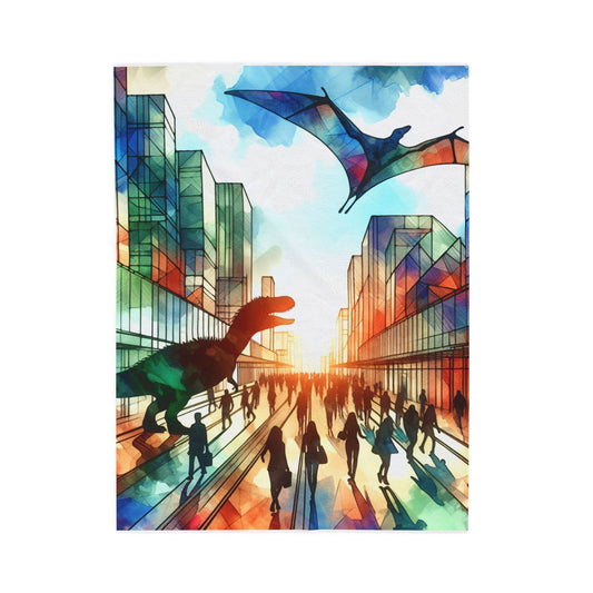 Dinosaurs Roam the Modern Streets - Plush Blanket