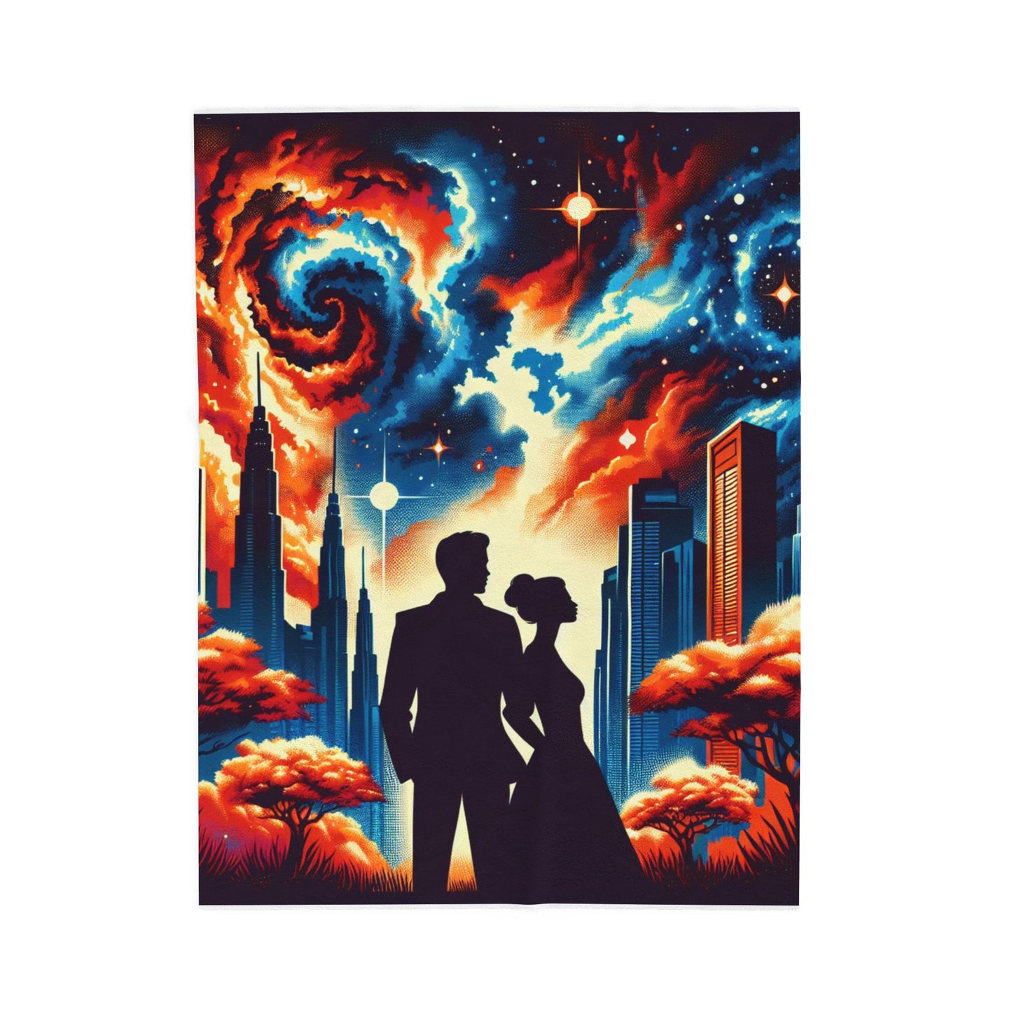 Couple's Gaze in a Cosmic Metropolis - Plush Blanket