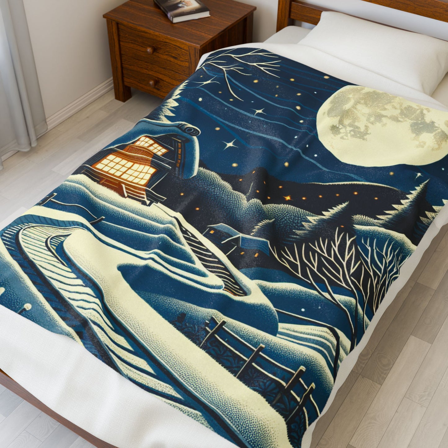 Moonlit Cabin in Winter Wonderland - Plush Blanket