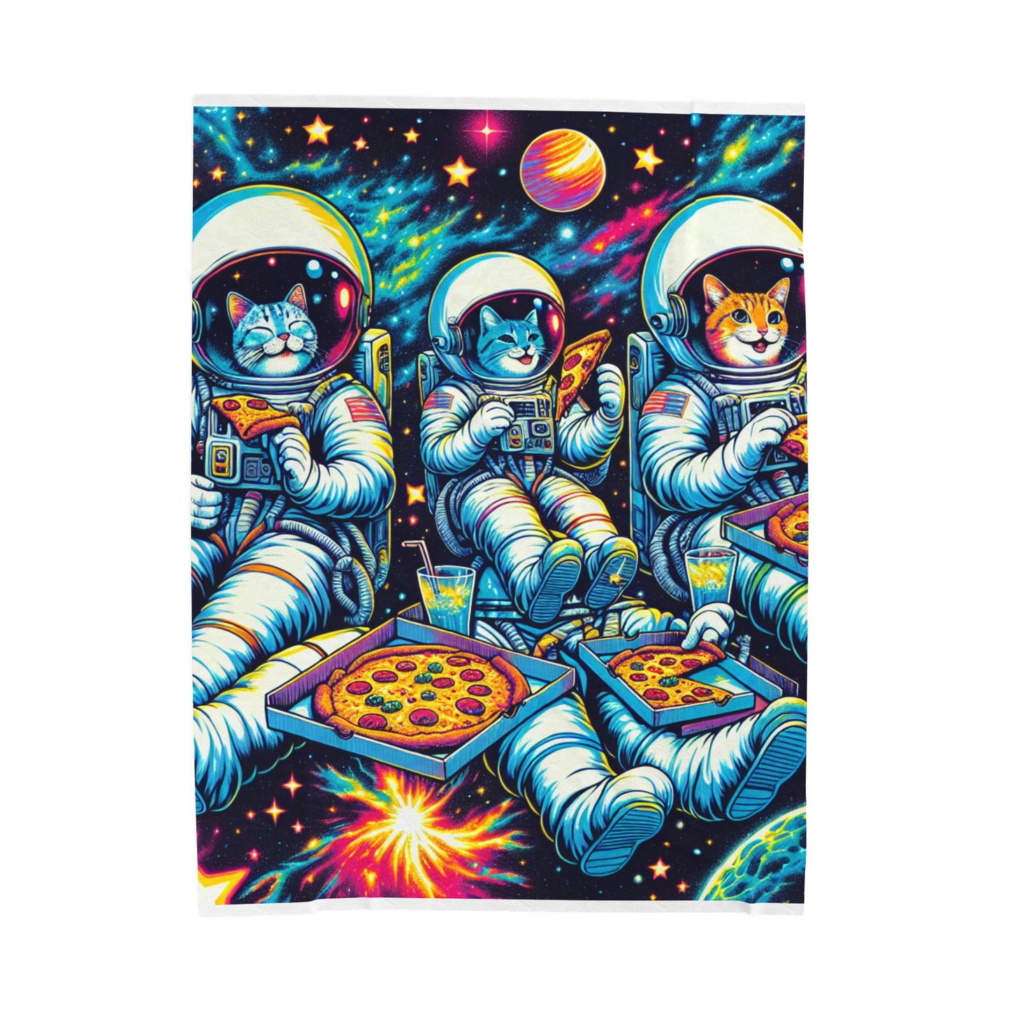 Astronaut Cats Enjoying Pizza in Space - Plush Blanket
