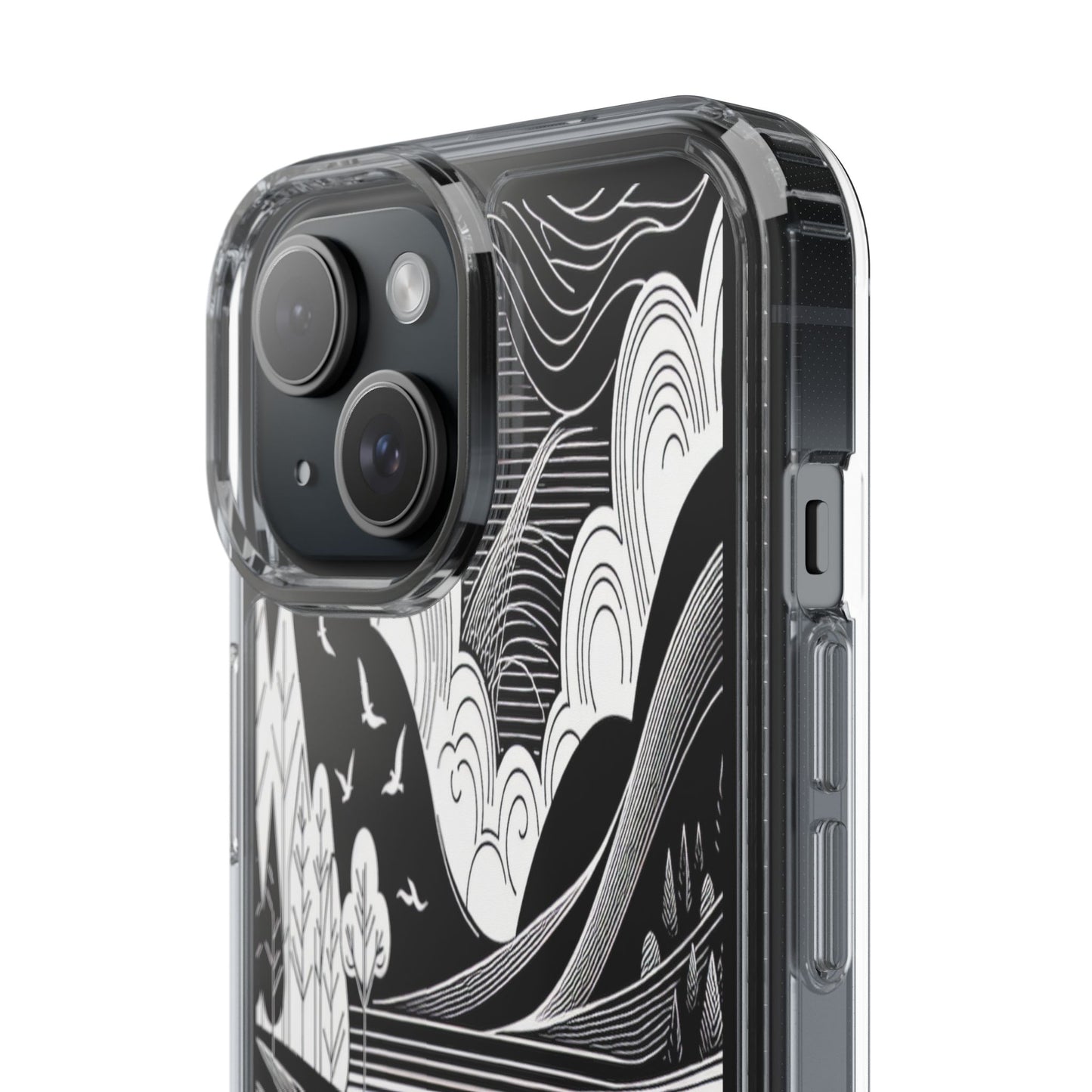 Transparent Black and White Landscape Illustration Iphone Case Compatible With Iphone 16 15 14 - Clear Phone Cover