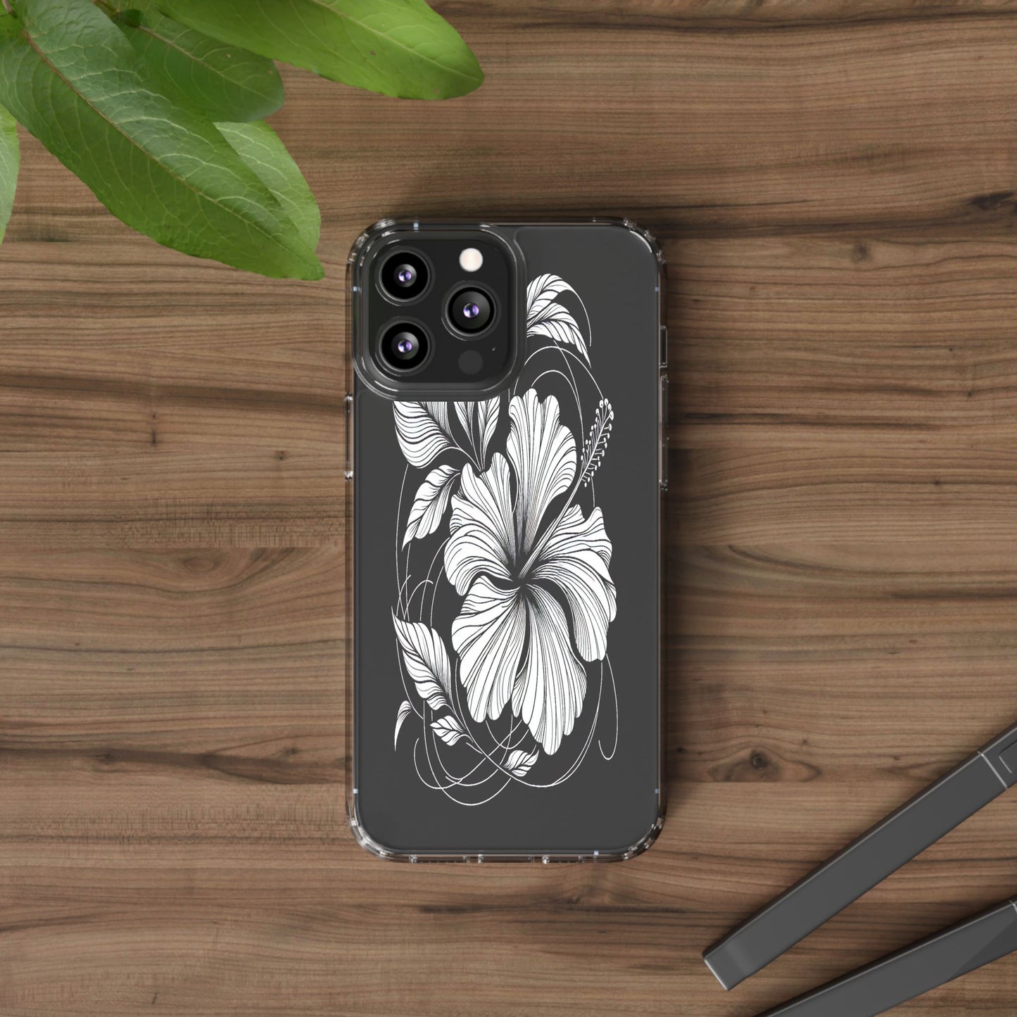 Transparent Hibiscus Design in Black and White Iphone Case Compatible With Iphone 16 15 14 - Clear Phone Cover