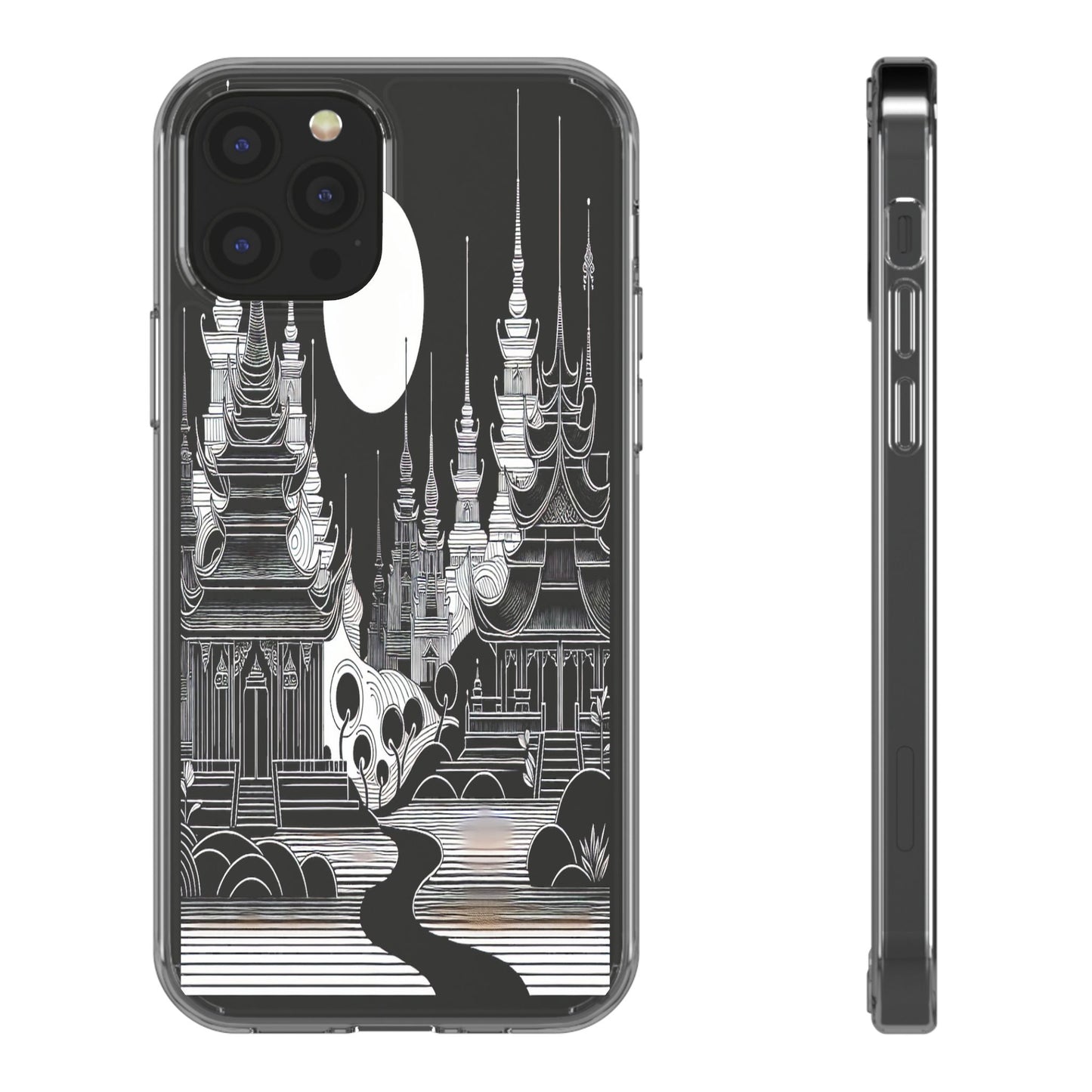 Transparent Temple Silhouette Under Bright Moon Iphone Case Compatible With Iphone 16 15 14 - Clear Phone Cover