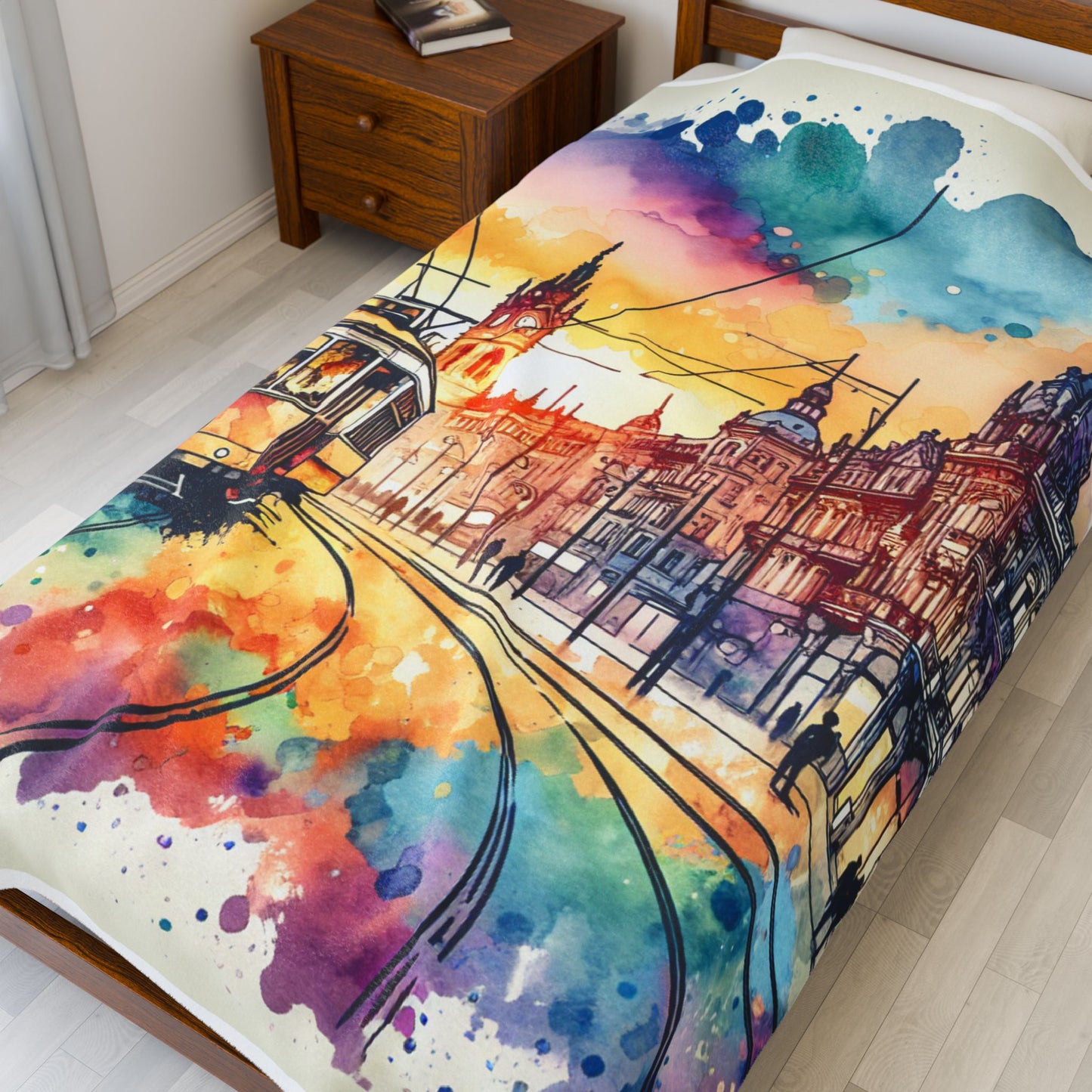 Tramway Journey Through Artistic Streets - Plush Blanket