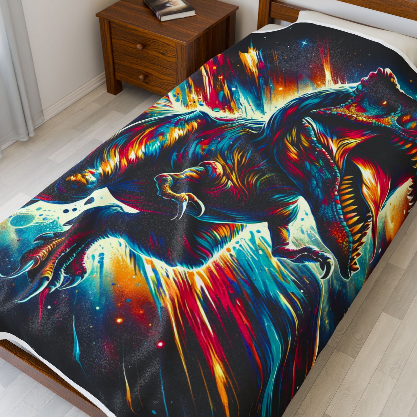 Dinosaur in Cosmic Explosion - Plush Blanket