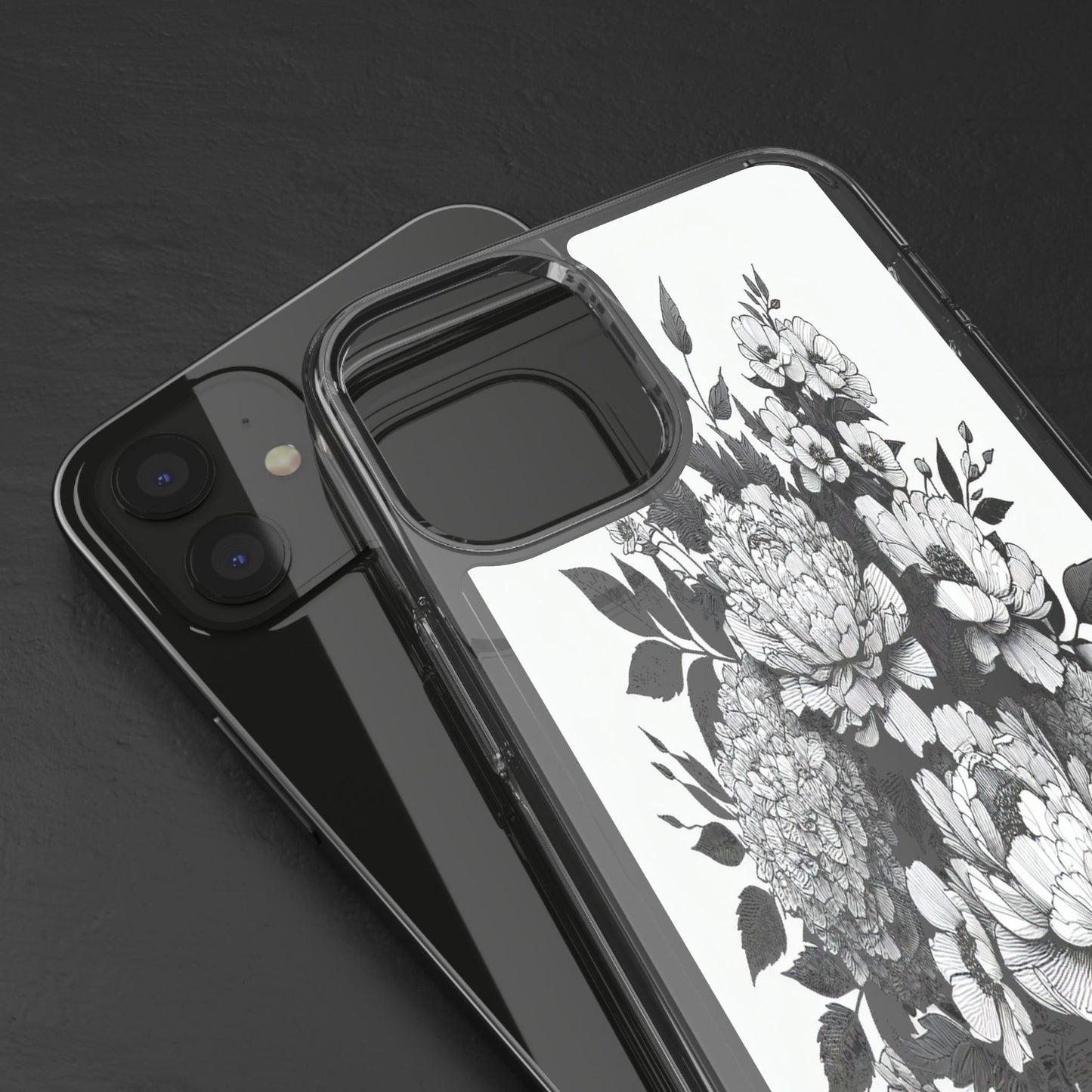 Transparent Floral Arrangement in Black and White Iphone Case Compatible With Iphone 16 15 14 - Clear Phone Cover