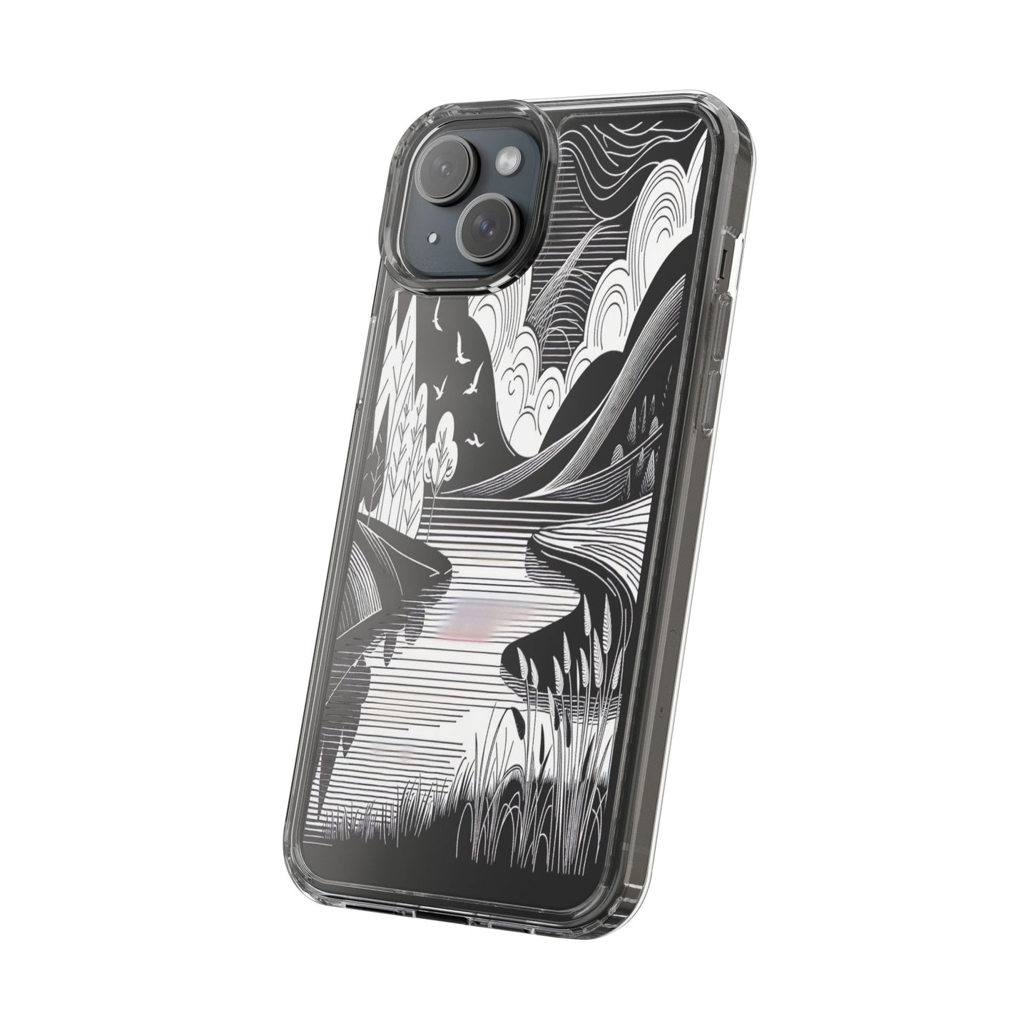 Transparent Black and White Landscape Illustration Iphone Case Compatible With Iphone 16 15 14 - Clear Phone Cover