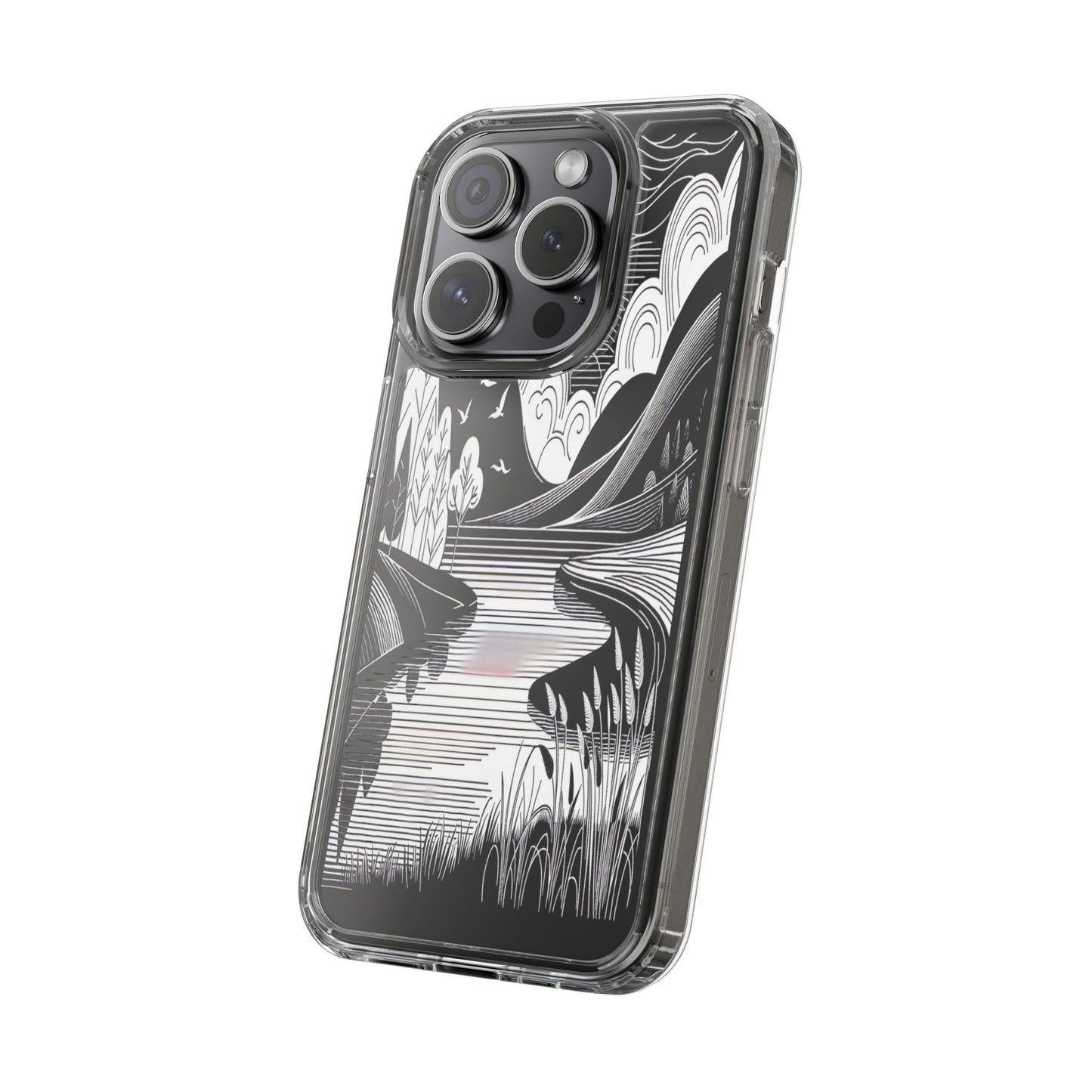 Transparent Black and White Landscape Illustration Iphone Case Compatible With Iphone 16 15 14 - Clear Phone Cover