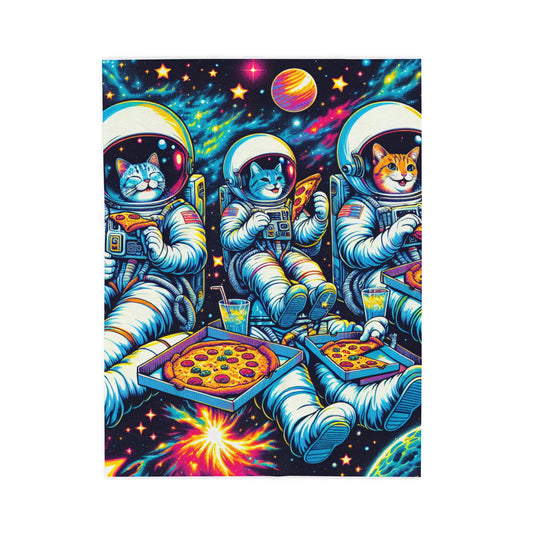 Astronaut Cats Enjoying Pizza in Space - Plush Blanket