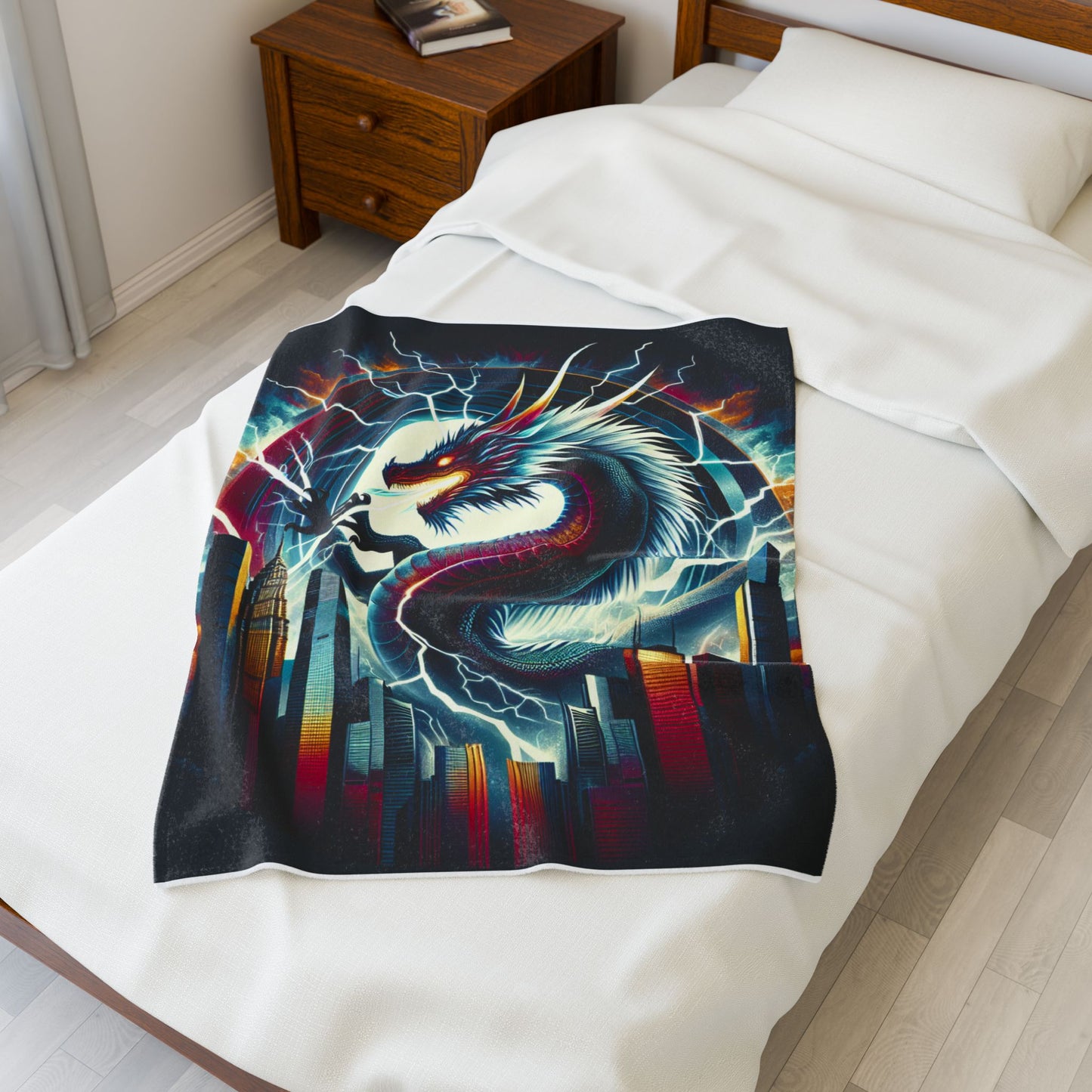 Dragon's Dominion Over Skyscrapers - Plush Blanket