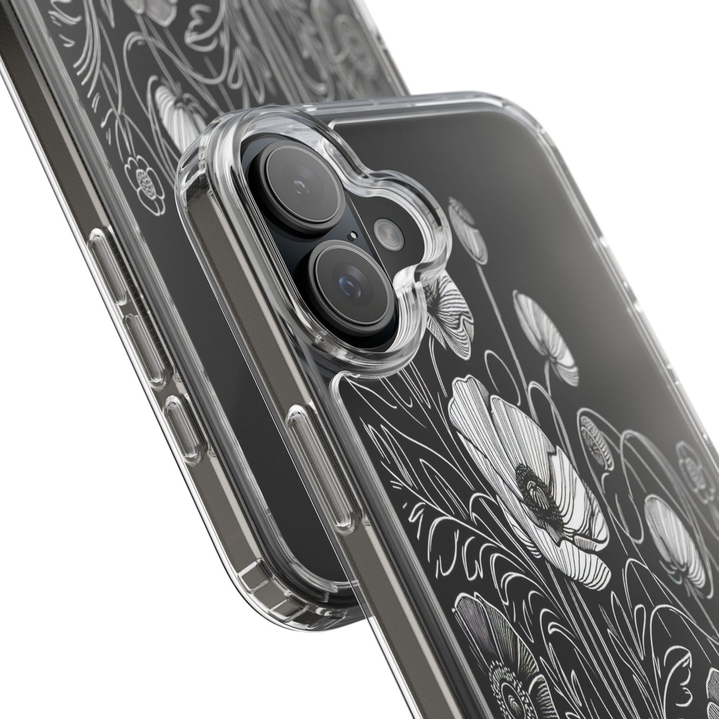 Transparent Black and White Floral Design Iphone Case Compatible With Iphone 16 15 14 - Clear Phone Cover