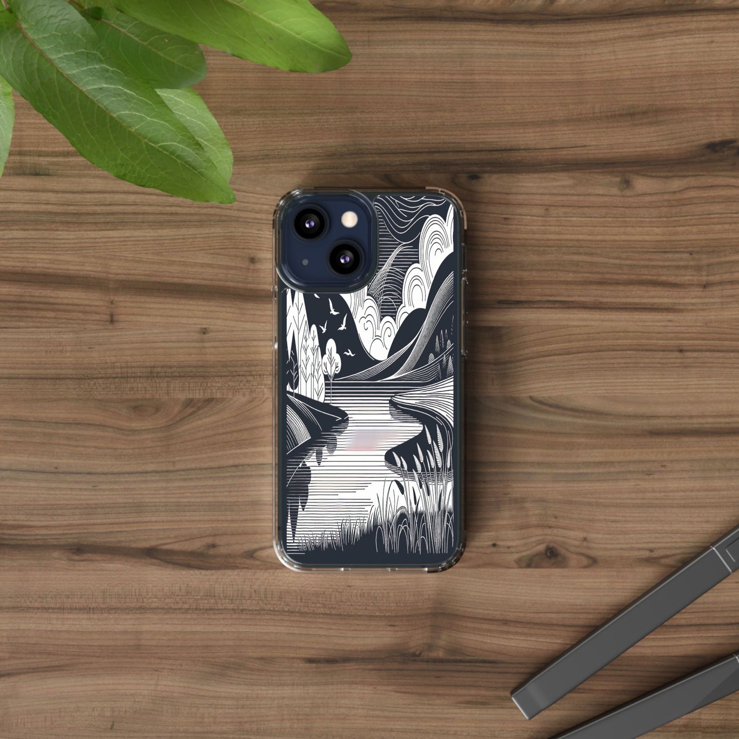 Transparent Black and White Landscape Illustration Iphone Case Compatible With Iphone 16 15 14 - Clear Phone Cover