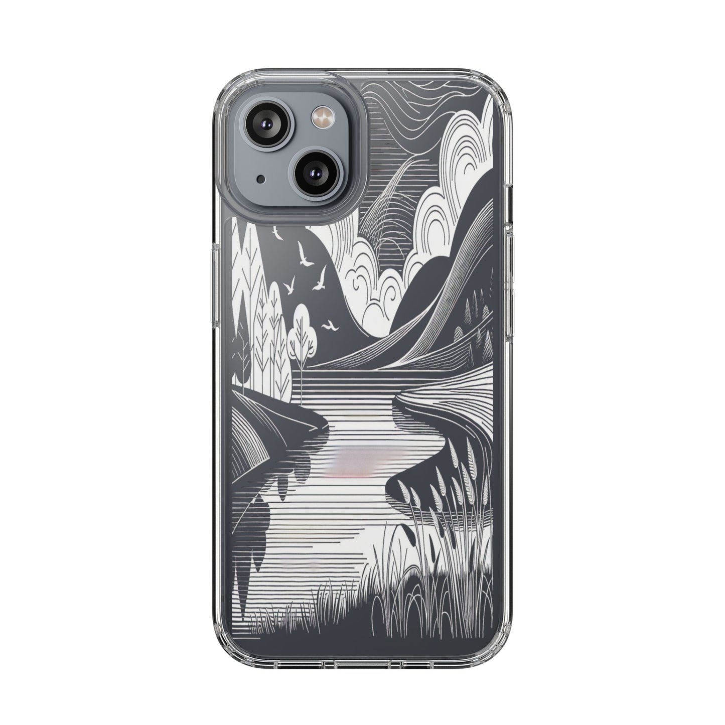 Transparent Black and White Landscape Illustration Iphone Case Compatible With Iphone 16 15 14 - Clear Phone Cover