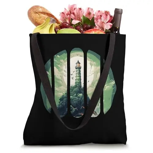 Beacon of Hope: Fragmented Lighthouse Vista Tote Bag Apparel