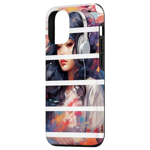 Beautiful Woman Enjoying Music Wearing Headphones Case