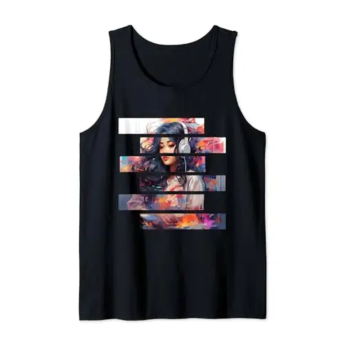 Beautiful Woman Enjoying Music Wearing Headphones Tank Top