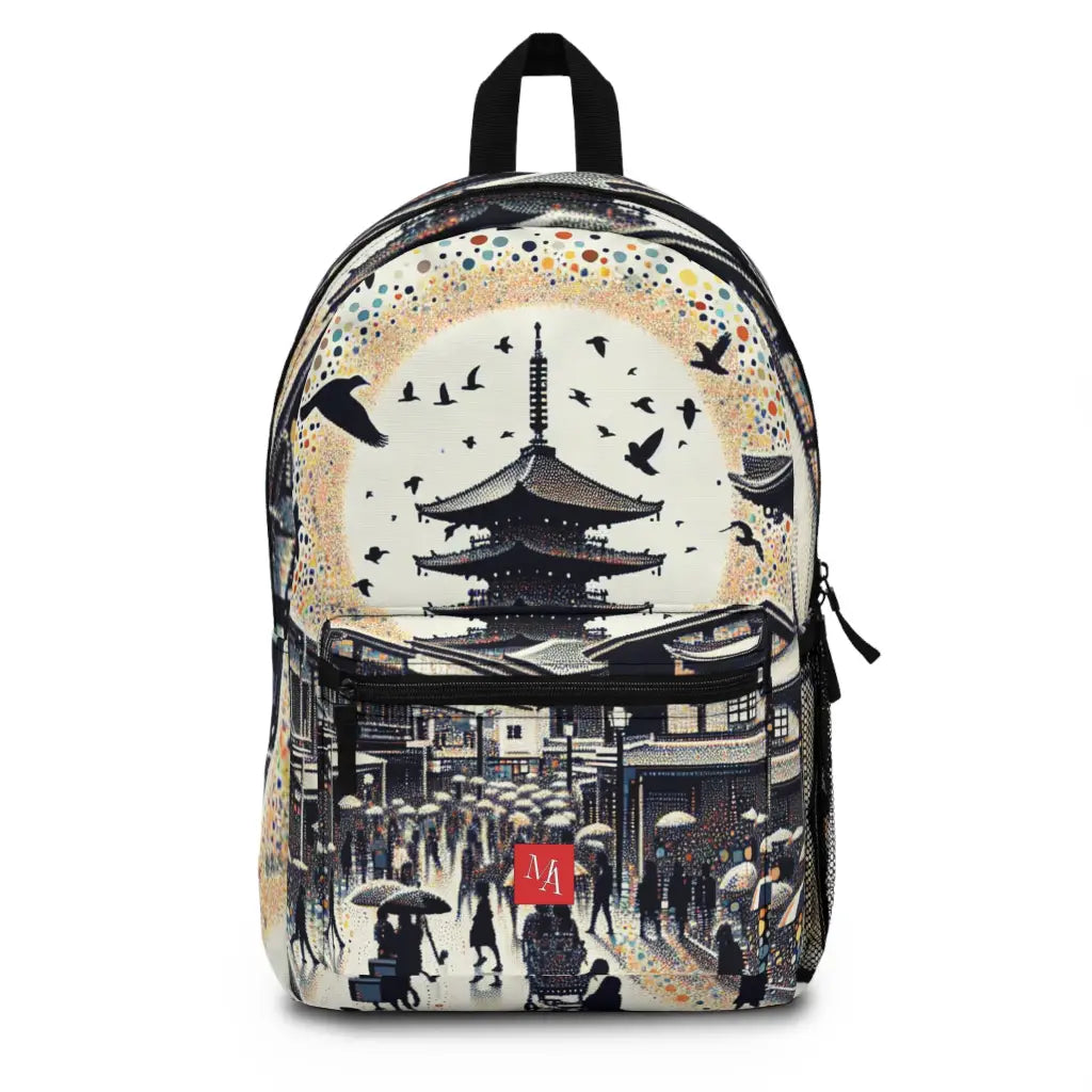 Bustling Streetscape with Pagoda and Birds Backpack