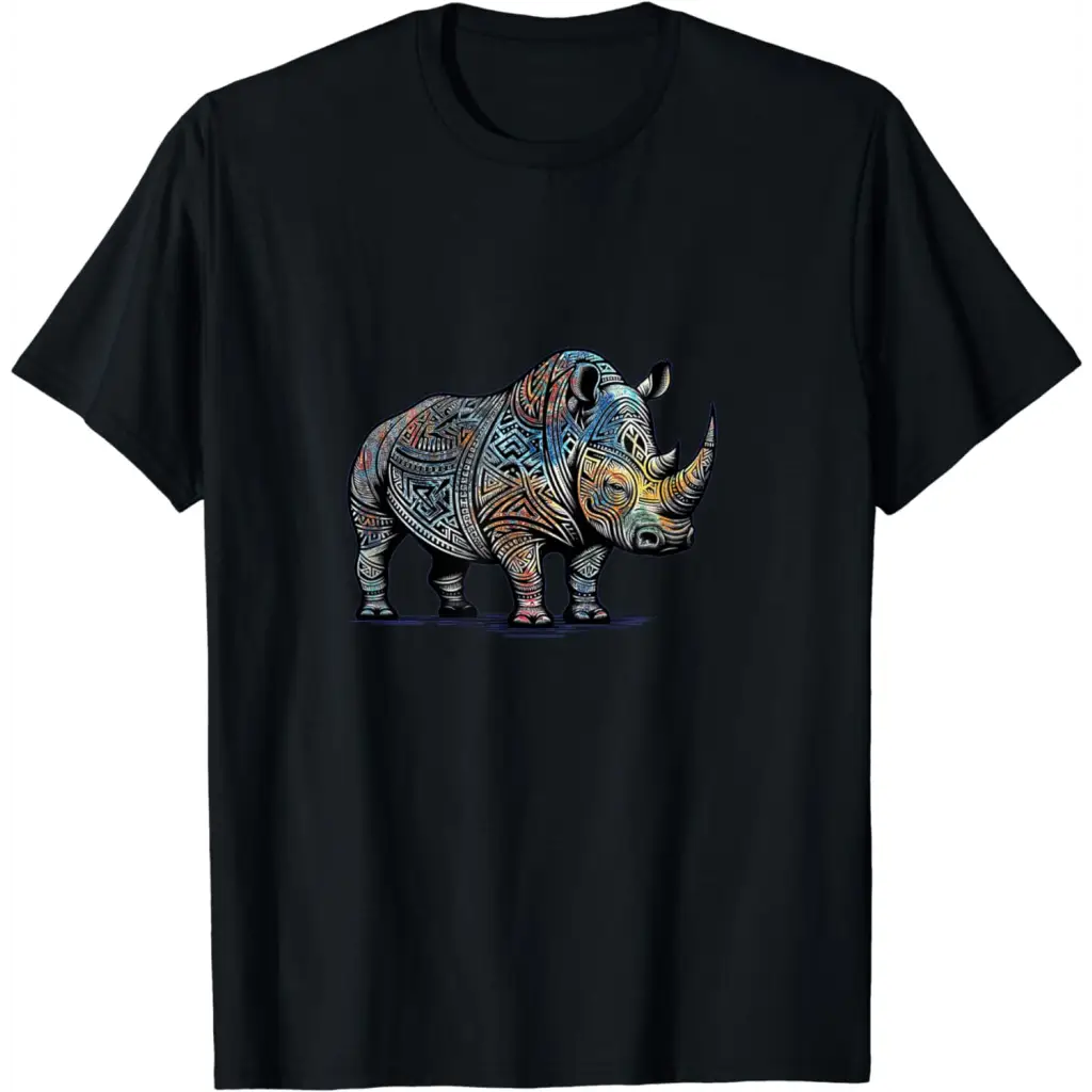 Colorful Funny Tribal Style Rhino T-Shirt - Black / Men