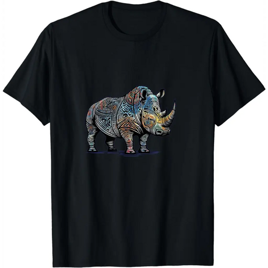 Colorful Funny Tribal Style Rhino T-Shirt - Black / Men