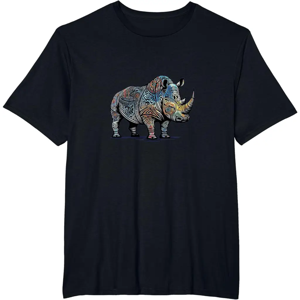 Colorful Funny Tribal Style Rhino T-Shirt - Black / Men’s