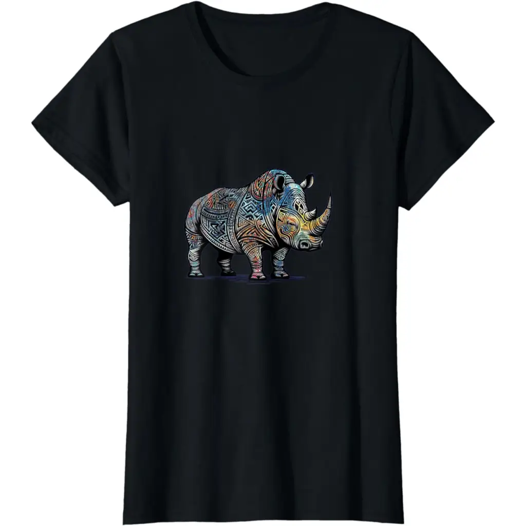 Colorful Funny Tribal Style Rhino T-Shirt - Black / Women