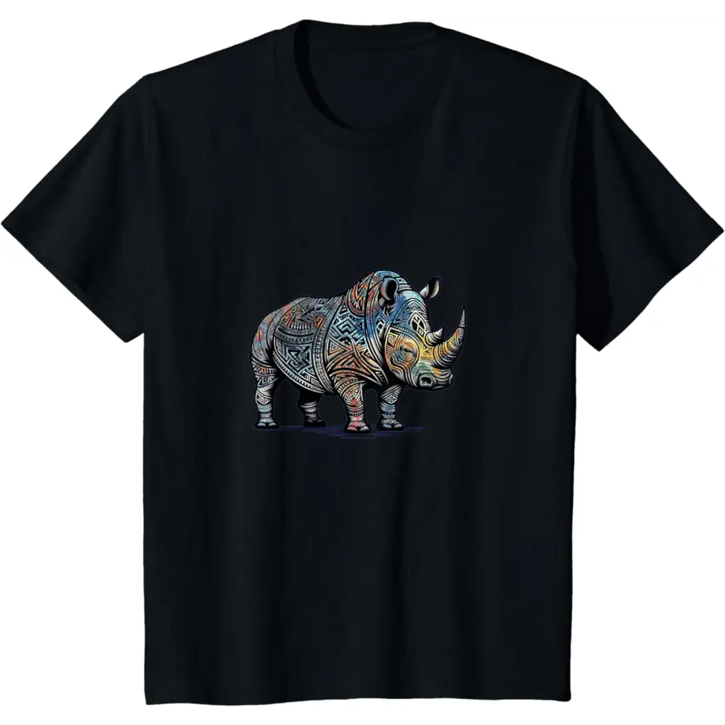 Colorful Funny Tribal Style Rhino T-Shirt - Black / Youth