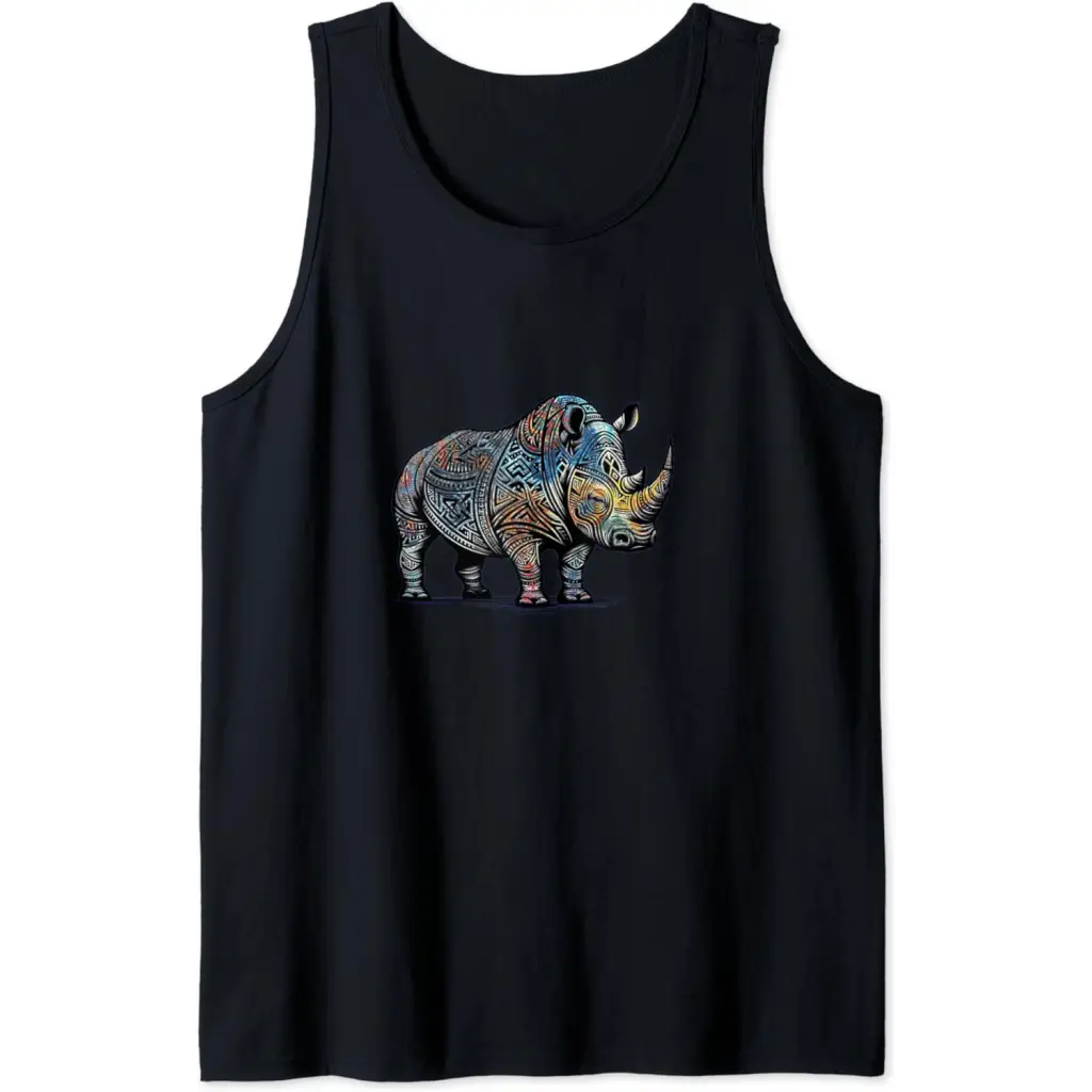 Colorful Funny Tribal Style Rhino Tank Top - Black / Men