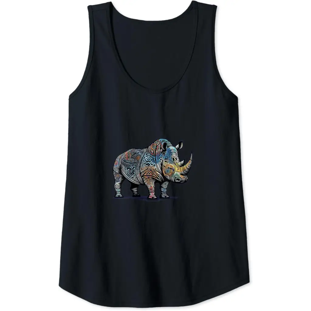 Colorful Funny Tribal Style Rhino Tank Top - Black / Women