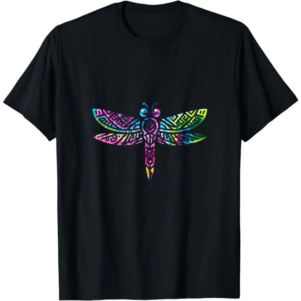 Colorful Tribal Rainbow Dragonfly T-Shirt - Black / Men