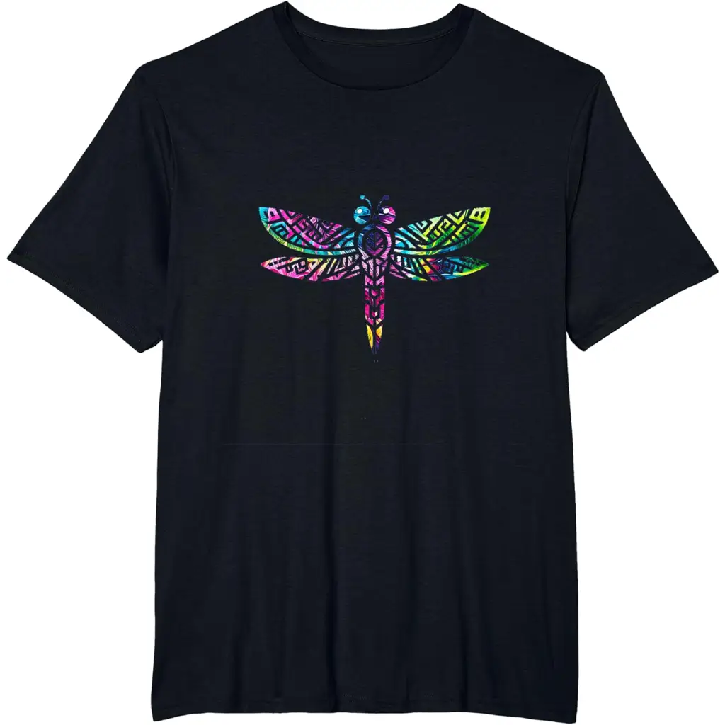 Colorful Tribal Rainbow Dragonfly T-Shirt - Black / Men’s