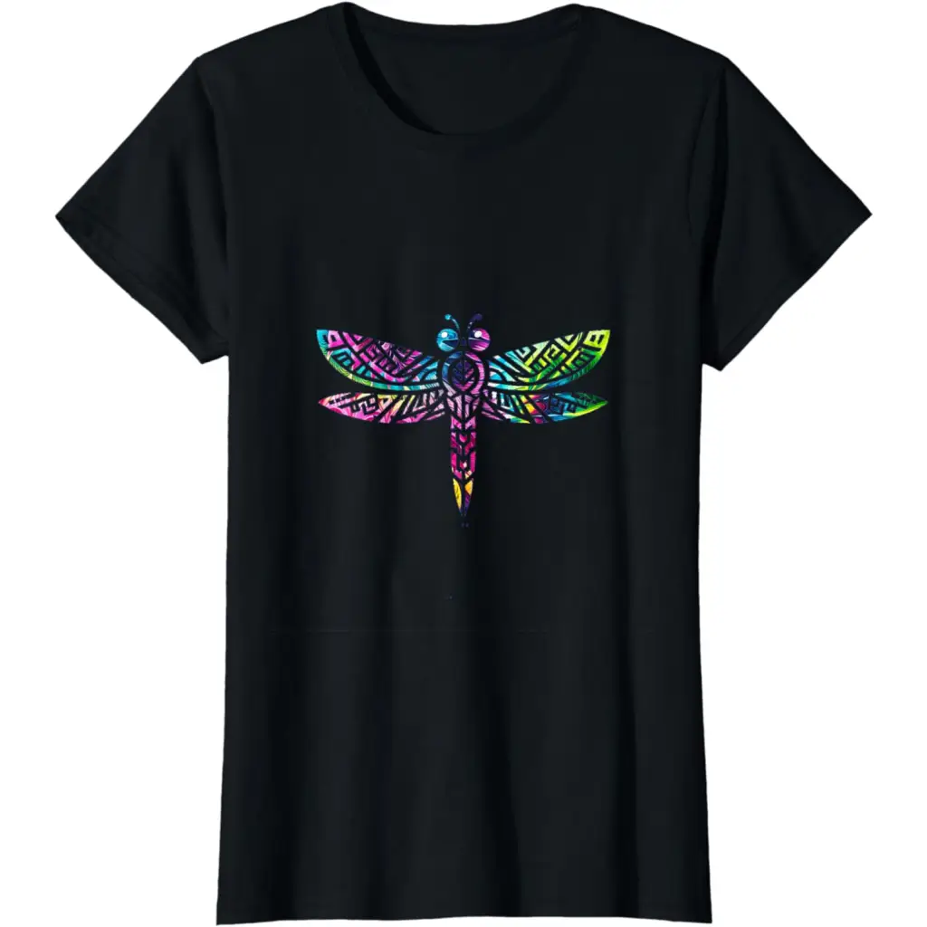 Colorful Tribal Rainbow Dragonfly T-Shirt - Black / Women