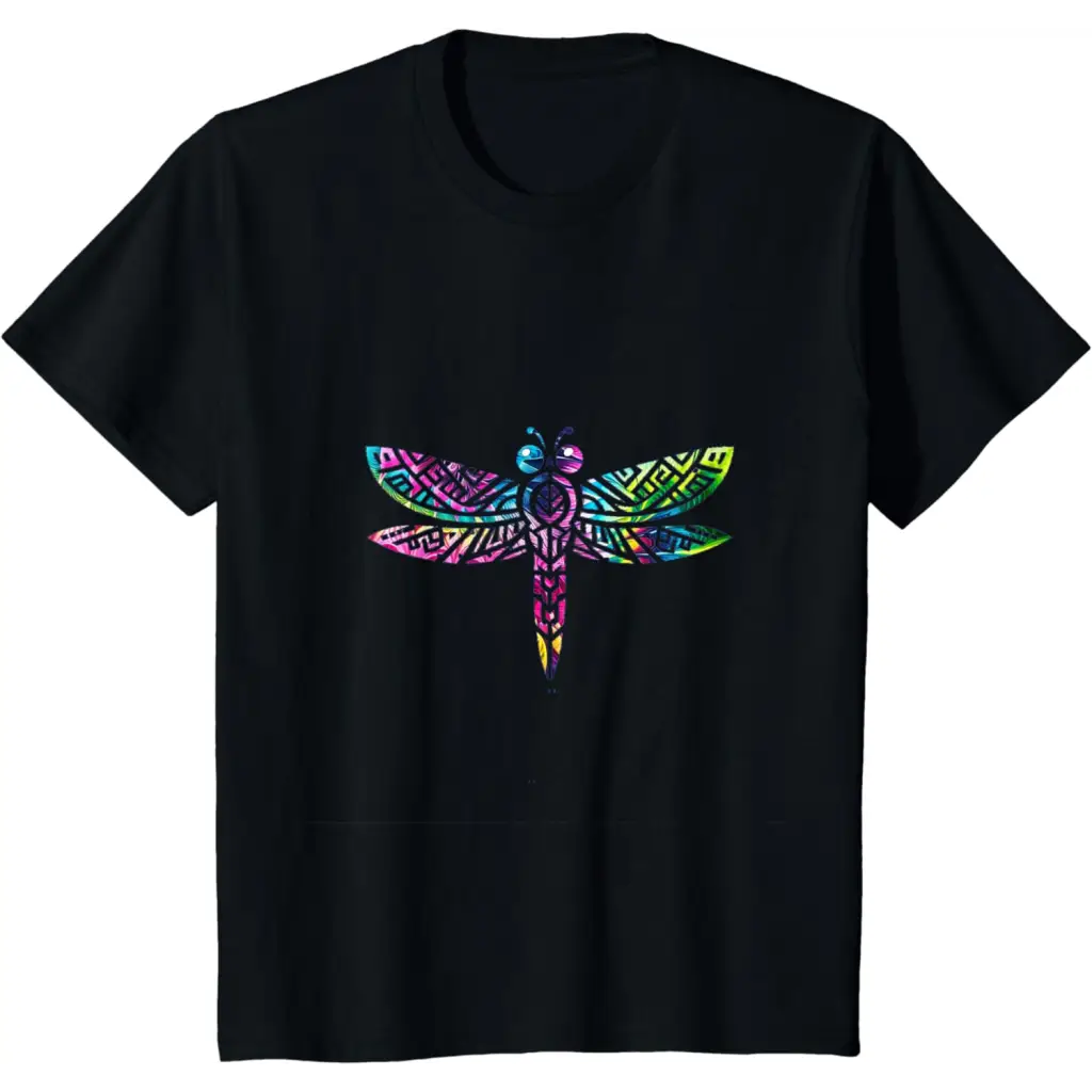 Colorful Tribal Rainbow Dragonfly T-Shirt - Black / Youth