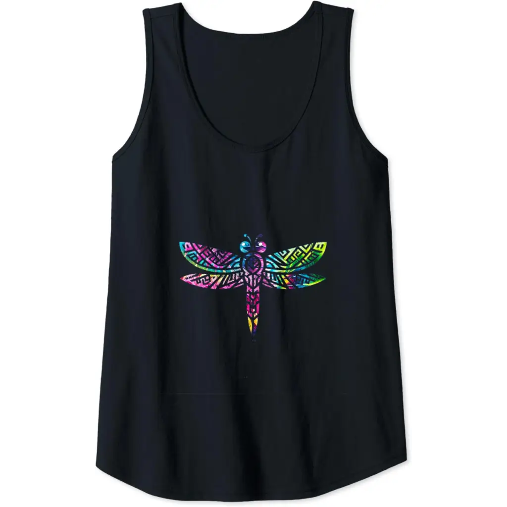 Colorful Tribal Rainbow Dragonfly Tank Top - Black / Women