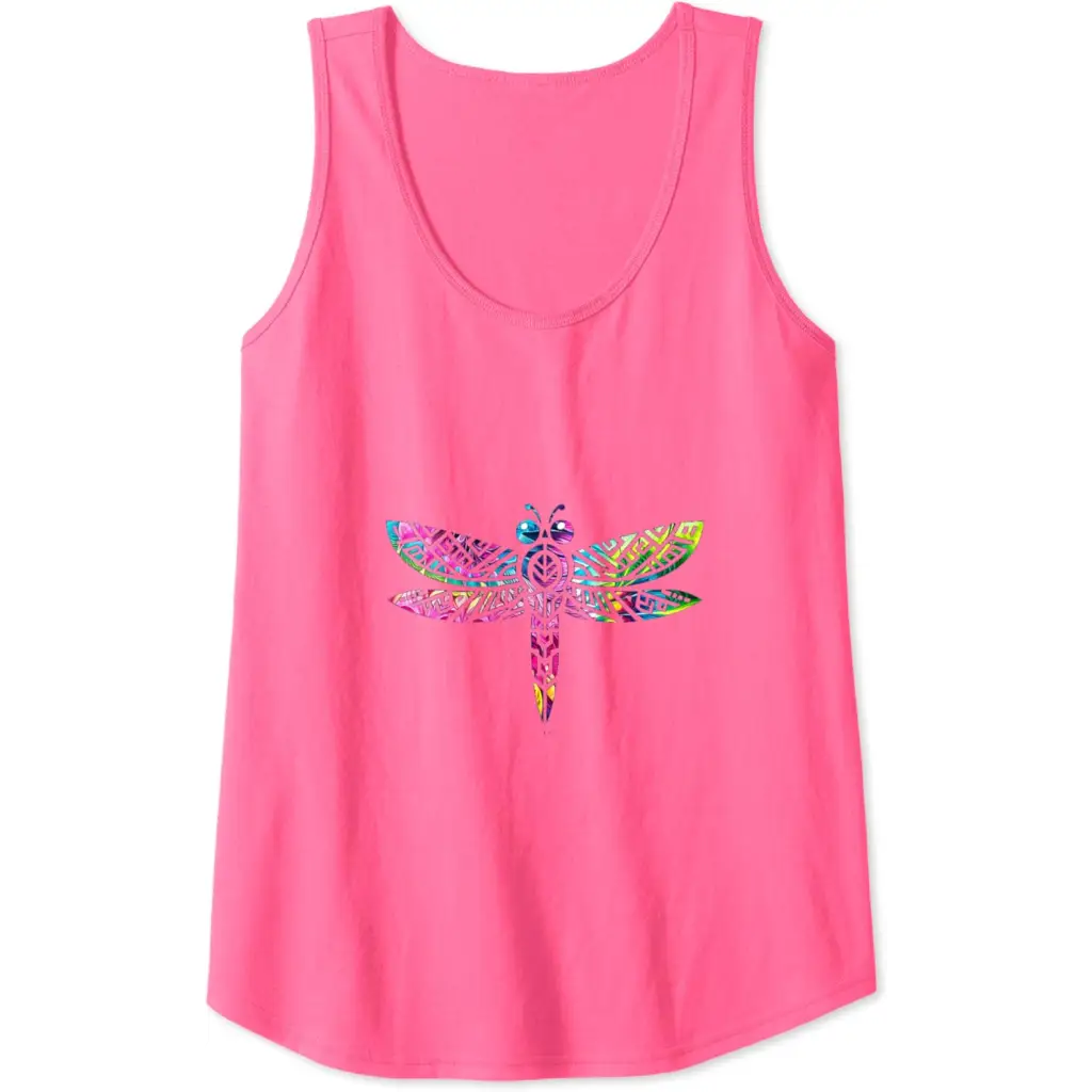 Colorful Tribal Rainbow Dragonfly Tank Top - Neon Pink