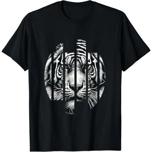 Fierce Focus: Fragmented Tiger in Grunge Stripe T-Shirt