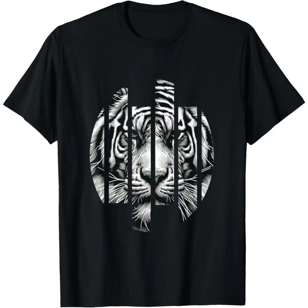 Fierce Focus: Fragmented Tiger in Grunge Stripe T-Shirt