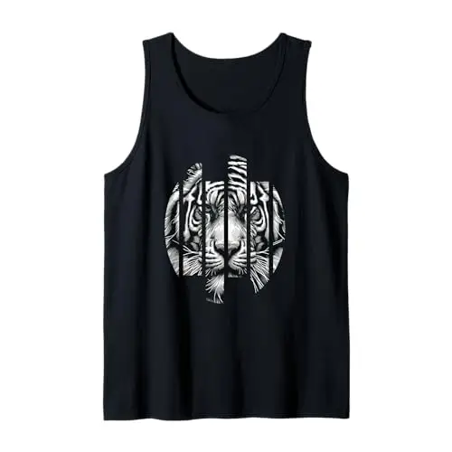 Fierce Focus: Fragmented Tiger in Grunge Stripe Tank Top