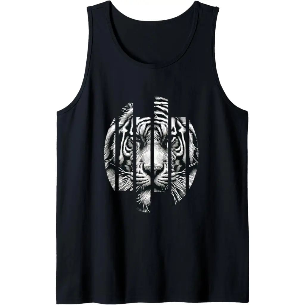 Fierce Focus: Fragmented Tiger in Grunge Stripe Tank Top