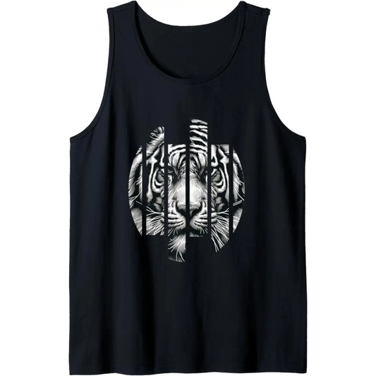 Fierce Focus: Fragmented Tiger in Grunge Stripe Tank Top