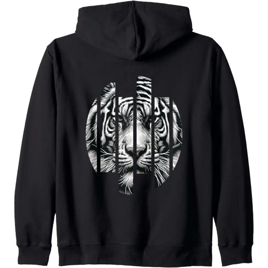 Fierce Focus: Fragmented Tiger in Grunge Stripe Zip Hoodie