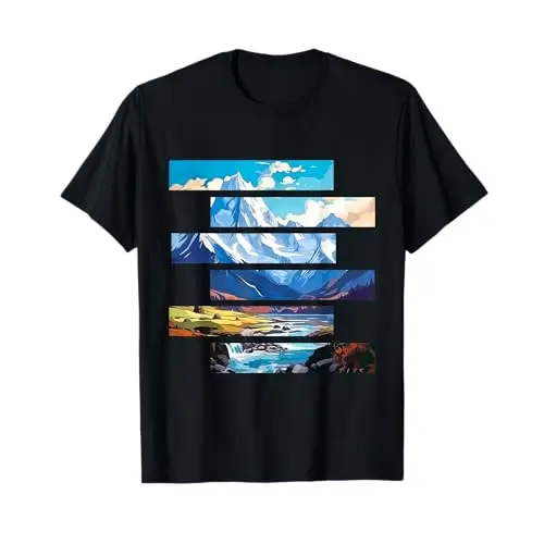 Fragmented Peaks: Layered Mountain Panorama T Shirt Apparel